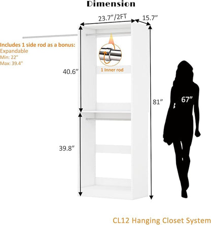 Closet System, 2FT Wood Closet Organizer System Small Walk-in Closet Standalone Corner Closets Shelf Storage with Hanging Rods, Modular Closet Systems White (2FT)