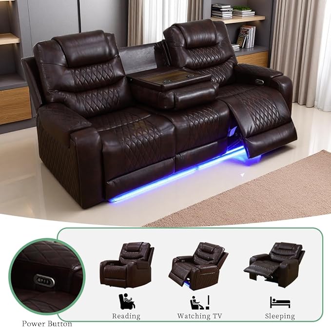 Living Room Furniture Sets, Power Reclining Sofa Couches with LED Light, Brown Breathing Leather Recliner Power Sofa with Drop-Down Table/Cup Holder/USB Port for Living Room, Office, Rv Car