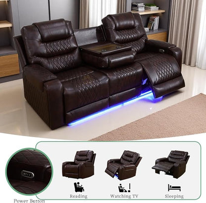 Living Room Furniture Sets, Power Reclining Sofa Couches with LED Light, Brown Breathing Leather Recliner Power Sofa with Drop-Down Table/Cup Holder/USB Port for Living Room, Office, Rv Car
