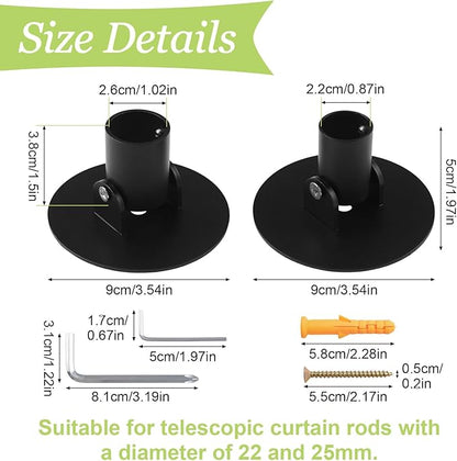 Adjustable Shower Curtain Rod Bracket, 2Pcs Different Sizes Titanium Steel Single Swivel Flange Heavy Duty Closet Rod Holder with Screws (Black, Inner Dia. 22mm & 26mm)