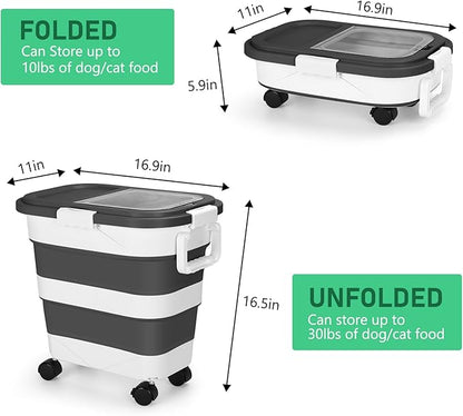 ShineMe Dog Food Storage Container, 30 Lbs Collapsible Food Storage Containers with Rolling Wheel Airtight Locking Lid, Cat Foods Bin with Cup and Scoop, Suitable for Pet Snack, Rice, Flour (Black)