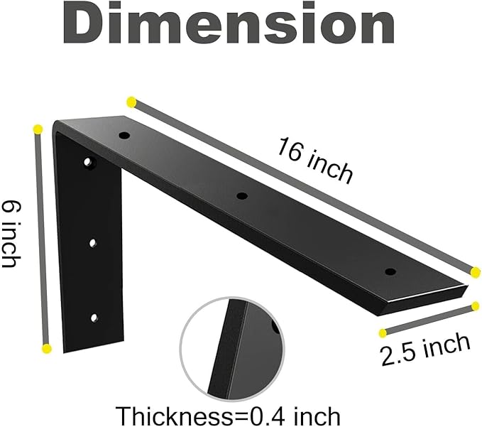 WINKER Countertop Support Bracket 4 Pack Heavy Duty 3/8" Thick Hidden L Shelf Bracket 16" x 6" x 2.5" Metal Corbels for Quartz/Granite/Wood/Concrete/Laminate Countertops, Black