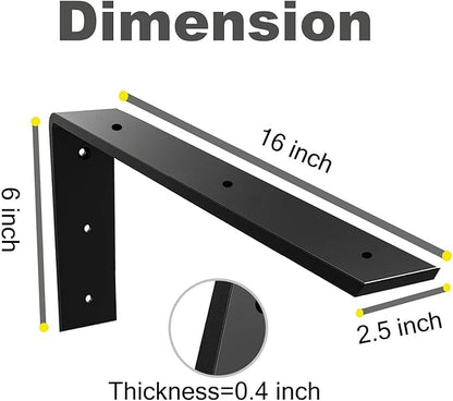 WINKER Countertop Support Bracket 6 Pack Heavy Duty 3/8" Thick Hidden L Shelf Bracket 16" x 6" x 2.5" Metal Corbels for Quartz/Granite/Wood/Concrete/Laminate Countertops, Black