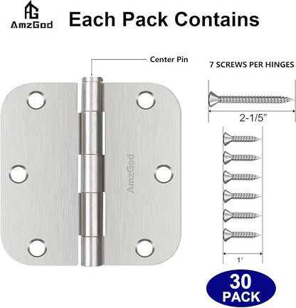 Door Hinges Brushed Nickel - 30 Pack Nickel Door Hinges 3.5 Inch Rounded Interior Satin Nickel Door Hinge with 5/8" Radius - Flat Iron Residential Standard 3 1/2 Inches Silver Door Hardware