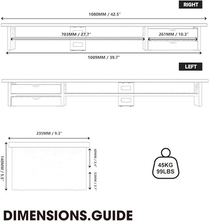 Fenge Monitor Stand, Dual Monitor Riser, 42.5inch Large Desk Computer Monitor Stand Riser with Drawer, 2 Tier Wood & Acrylic Desktop Organizer with Cable Management