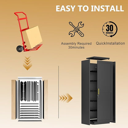 Metal Storage Cabinet with Lock and 5 Adjustable Shelves, Steel File Cabinets, Kitchen Pantry Cabinet Locker Organizer - 67" Tall Storage Cabinets for Kitchen,Bathroom,Bedroom,Office,Black