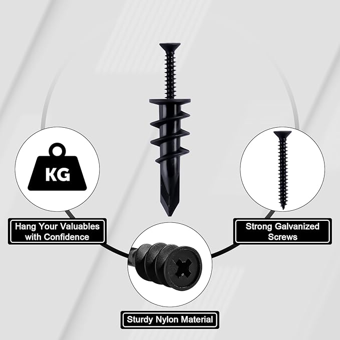 KURUI 140PCs Black Self Drilling Drywall Anchors, #8 Dry Wall Anchors and Flat Head Screws Kit, 70 Anchors + 70 Screws, 75LB Heavy Duty Hanging for Picture Frames Wall Decor Art, Sheetrock Hangers