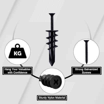 KURUI 140PCs Black Self Drilling Drywall Anchors, #8 Dry Wall Anchors and Flat Head Screws Kit, 70 Anchors + 70 Screws, 75LB Heavy Duty Hanging for Picture Frames Wall Decor Art, Sheetrock Hangers