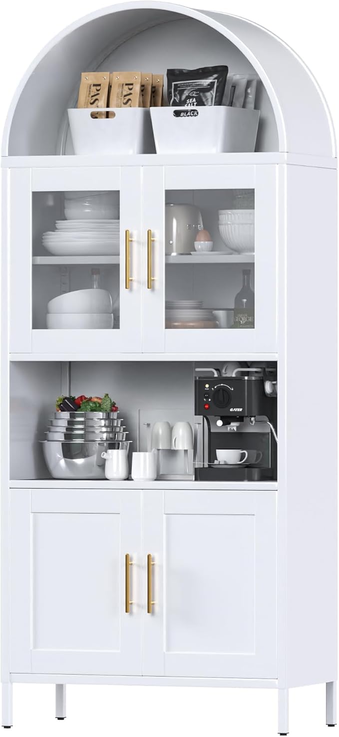 Metal Arched Pantry Cabinet with Glass Doors, Tall Arched Kitchen Pantry Cabinet for Kitchen Home Living Room,White,Required Assembly