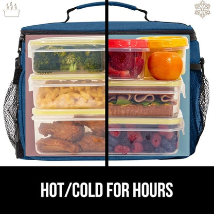 GORILLA GRIP Insulated Lunch Box Bag, Large Capacity, Leakproof Reusable Soft Cooler Bags, Mesh Pockets and Adjustable Strap, Food Tote for Work Camping School, Keep Drinks Cold, 8L, 10x9, Navy Blue