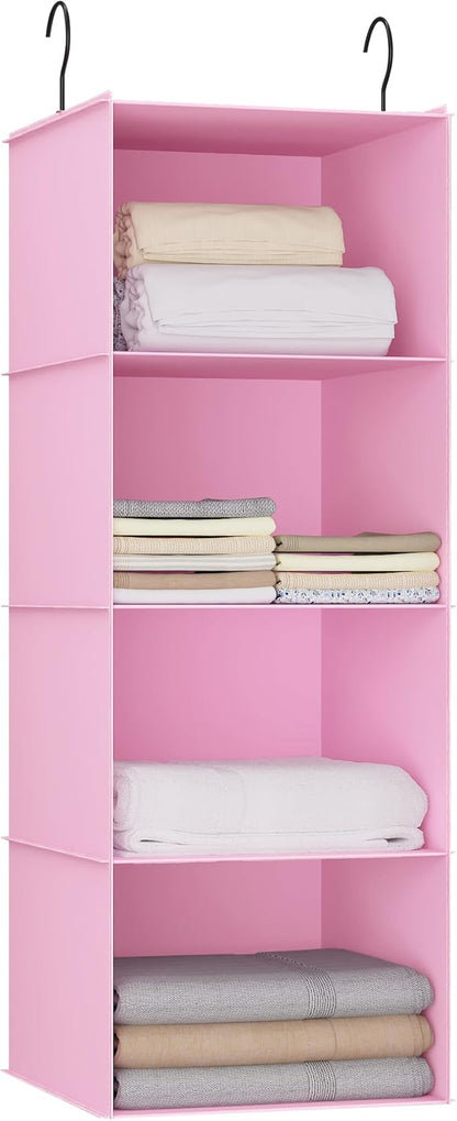 Hanging Closet Organizer, Easy Mount Foldable 4-Shelf Hanging Closet Wardrobe Storage Shelves, Clothes Handbag Shoes Accessories Storage, Washable Oxford Cloth Fabric, Pink