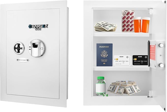 Barska White Biometric Wall Safe with Right Opening Door – Fingerprint Access Safe with 120 User Memory, Solid Steel Construction, Motorized Deadbolts & Removable Shelves - In Wall safe, Hidden safe