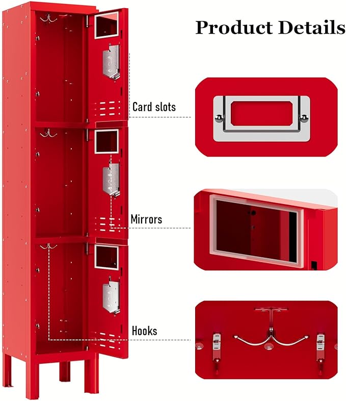 Metal Storage Locker with Lock & Card Slot Locker - Secure Lockable Door - Steel Locker for School, Office, Gym, Home - 66.15" H x 11.8" W x 11.8" D（3 Door, Red）