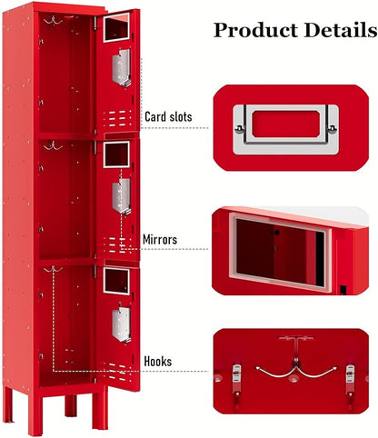 Metal Storage Locker with Lock & Card Slot Locker - Secure Lockable Door - Steel Locker for School, Office, Gym, Home - 66.15" H x 11.8" W x 11.8" D（3 Door, Red）