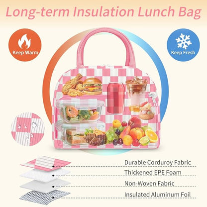 Coobiiya Corduroy Lunch Bag Lunch Box for Women Men, Cute Corduroy Lunch Tote Bags Insulated Reusable LunchBox Large Capacity Cooler Bag for Work Travel Picnic Pink