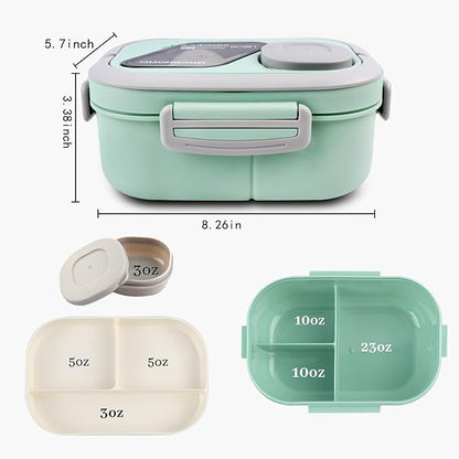 Adults Bento Lunch Box,Salad Container Large 43oz Salad Bowl, Bento-Style Tray for Toppings, 3oz Sauce Container for Dressings, and Built-In Reusable Fork (Green)