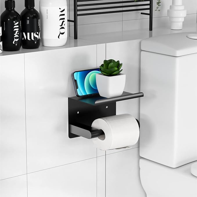 Matte Black Toilet Paper Holder with Shelf, Fits Mega Rolls, Rustproof Stainless Steel, Self Adhesive Wall Mount Toilet Paper Roll Holder, for Bathroom, Washroom, Kitchen, RV