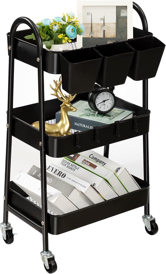 danpinera 3-Tier Rolling Cart, Utility Cart Mobile Metal Rolling Storage Cart with Lockable Wheels & Hanging Cups & Hooks for Kitchen, Bathroom, Office, Workshop, Black