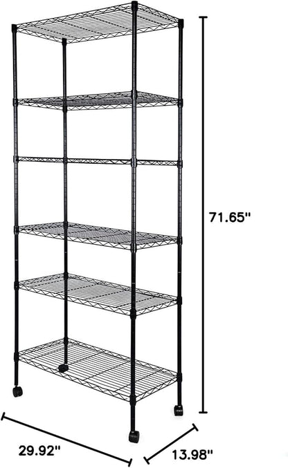 Simple Deluxe 6-Tier Shelving Units, 29.92'' W x 13.98'' D x 71.65'' H Adjustable Wire Shelving with Hanging Hooks and Wheels, Black