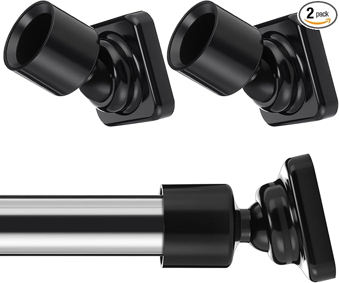 Angled Shower Rod Mount for Sloped Walls - 25mm Shower Bracket & Swivel Joints with Wall Plugs & Screws, Secure Drilling Fix (2, Black)