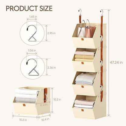 Hanging Closet Organizer 4 Tier - Clothes Hanging Shelves, Space-Saving Closet System, Fabric Storage Bins Bedroom Organization, Collapsible Baskets for Home, Dorm, Rv, Beige, 8 Pack