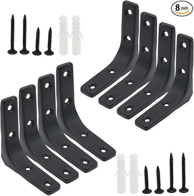 8pcs 3 Inch L Brackets, Heavy Duty Wall Mount Black L Corner Brackets Braces for Wood, Shelves, Cabinets, 90 Degree Triangle Shelf Support with Screws, Small Right Angle Bracket