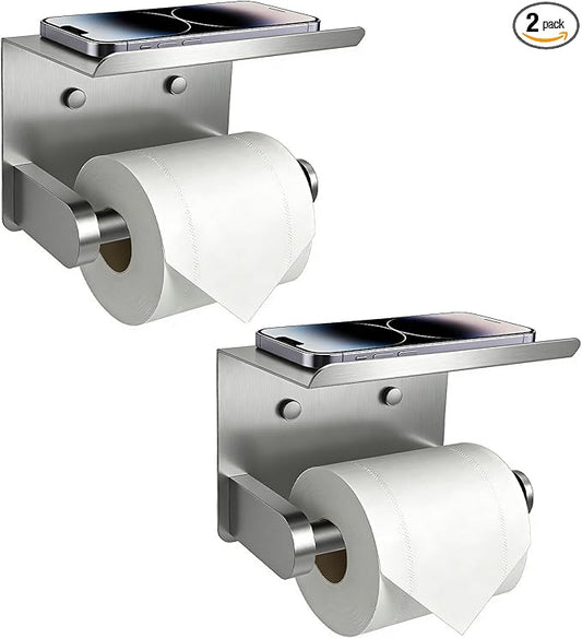 SetSail Toilet Paper Holder with Shelf Adhesive or Screw-in Bathroom Toilet Paper Roll Holders Wall Mount Brushed Nickel Heavy-Duty Tissue Holder for Bathroom Hardware Accessories, 2 Packs