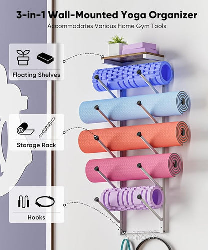 5 Tiers Yoga Mat Holder Rack Wall Mount with 6 Hooks for Hanging Accessory Yoga Strap Foam Rollers Resistance Bands, Yoga Mats Organizer with Floating Shelf for Home Gym Storage Fitness