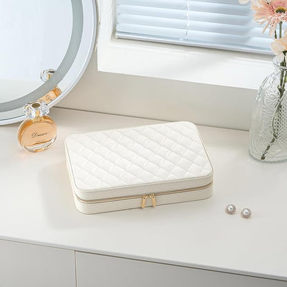 Lolalet Travel Jewelry Case for Women Girls, Travel Jewelry Organizer Box with Mirror & Clear Storage Bag, Small Portable Earring Necklace Bracelet Ring Case, Birthday Valentine Gifts -Large, White
