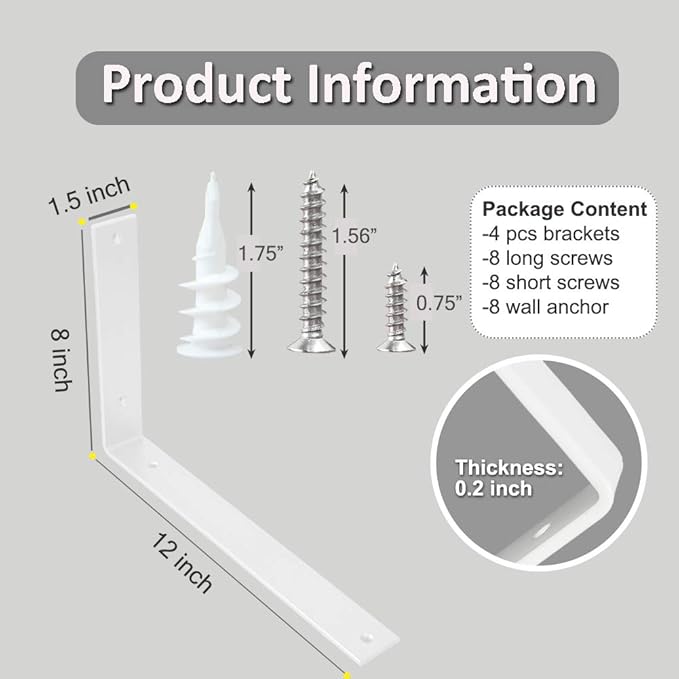 Shelf Brackets 12 Inch Wall L Brackets 4PCS Heavy Duty for Shelves Metal White Rustic Industrial Brackets for DIY Opening Shelves Project Hardware Included