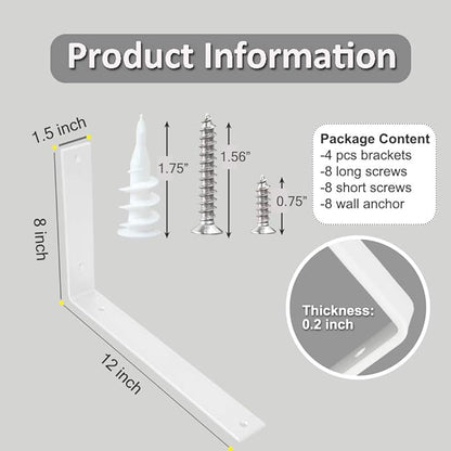 Shelf Brackets 12 Inch Wall L Brackets 4PCS Heavy Duty for Shelves Metal White Rustic Industrial Brackets for DIY Opening Shelves Project Hardware Included