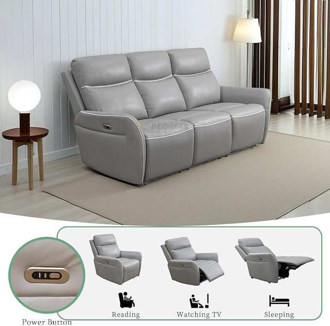 Grey Breathing Leather Power Reclining Sofa Set with USB Port, Living Room Furniture Sets, Recliner Power Sofa Couches with Cup Holders/Storage Console/Drop-Down Table for Apartment/Home/Office