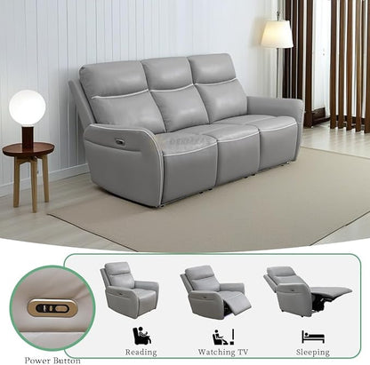 Grey Breathing Leather Power Reclining Sofa Set with USB Port, Living Room Furniture Sets, Recliner Power Sofa Couches with Cup Holders/Storage Console/Drop-Down Table for Apartment/Home/Office