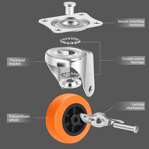 Caster Wheels, 2.5 Inch Casters Set of 8, Heavy Duty Casters with Brake, Locking Castors with Polyurethane Wheel，Small Plate Swivel Caster Wheels for Furniture Carts,Workbench,Pack of 8