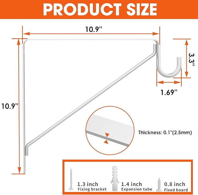 Pisman Closet Rod Bracket Heavy Duty,Shelf Bracket with Rod Holder- White Closet Rod Support & Closet Shelf and Rod Bracket for Storage, 10 Inch 4pcs
