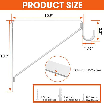 Pisman Closet Rod Bracket Heavy Duty,Shelf Bracket with Rod Holder- White Closet Rod Support & Closet Shelf and Rod Bracket for Storage, 10 Inch 4pcs