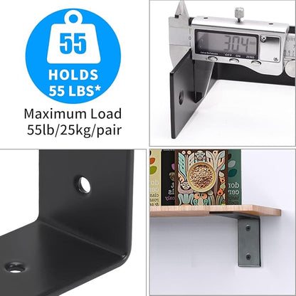 YUMORE L Brackets Heavy Duty, 5x3x1.8 Inch Stainless Steel Shelf Brackets Wall Mounted for Floating Shelves Industrial Farmhouse, Includes Hardware, Rustic Black, Pack of 4