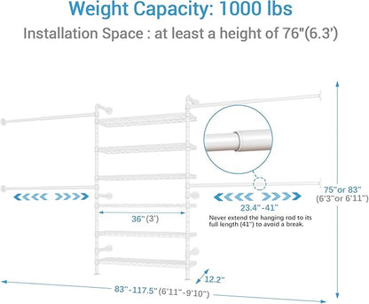 Timate S3X PLUS Closet System, Expandable Wall Mounted Closet with 6 Adjustable Shelves & 4 Expandable Hanger Rods, Industrial Pipe Clothing Rack for Hanging Clothes, Fits Spaces 6'11"- 9'10", White