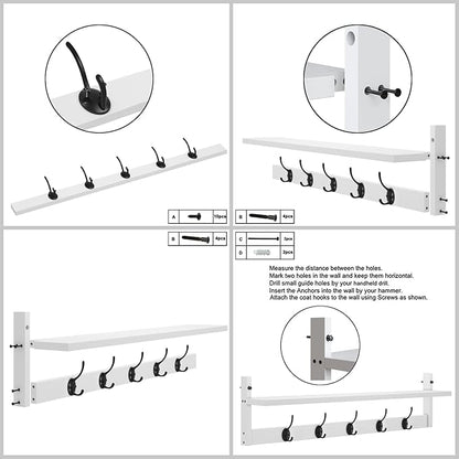 AMBIRD Wall Hooks with Shelf | Entryway Hanging Wood Coat Hooks | Wall-Mounted Rack with 5 Dual Hooks | Bathroom, Living Room, Bedroom (Modern).