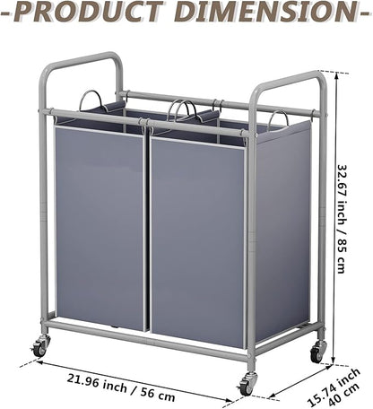 SUOERNUO Laundry Sorter Basket 2 Bag Laundry Hamper Cart with Rolling Lockable Wheels and Removable Bags Laundry Organizer Cart for Clothes Storage, Grey