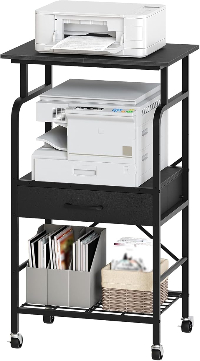 Tall Printer Stand, 3 Tier Printer Cart with Storage, Industrial Printer Table on Wheels, Adjustable Shelf & Fabric Drawer, for Home Office Study Black PTBK5501