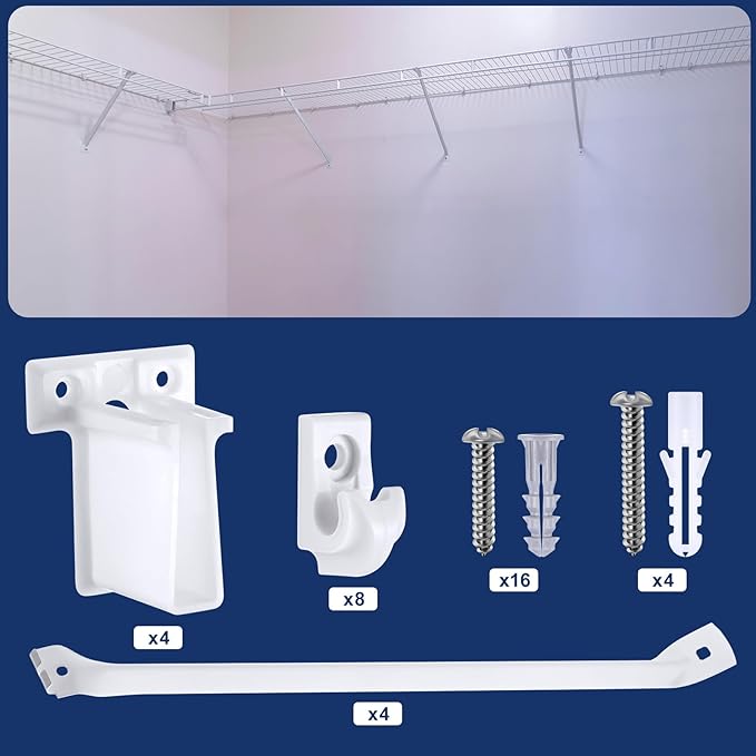 Hicarer 16 Pcs Wire Shelf Support Brackets Kit for 12 Inch, Include 4 Mental Closet Support Brace 8 White Down Wall Clips and 4 Wire Shelf End Brackets with Screws for Wardrobe