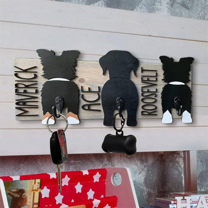 Personalized Dog Leash Holder for Wall Custom Name, Wooden Dog Butt Leash Hook, Decorative Key Rack Hooks Hanger for Entryway, Hallway, Farmhouse Dog Items Storage Organizer (3 Dog)