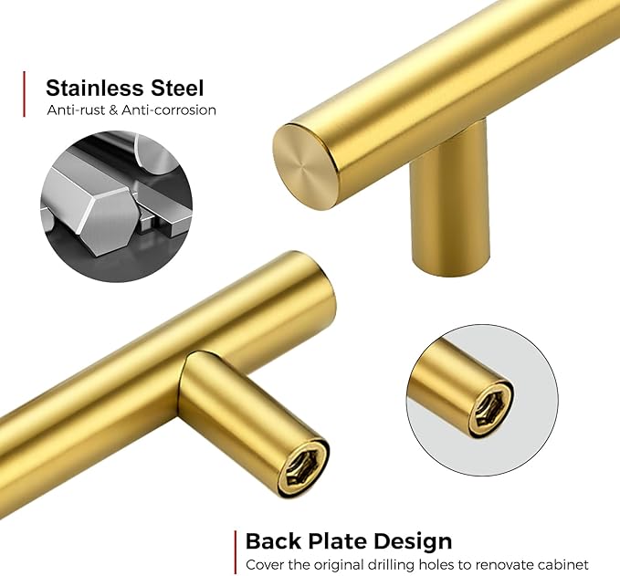 JOY DECOR 60 Pack 12-1/2 Inch Cabinet Pulls Kitchen Cabinet Handles with 10 Inch Hole Center Brushed Brass Cabinet Hardware Stainless Steel Kitchen Drawer Pulls 256mm Hole Centers