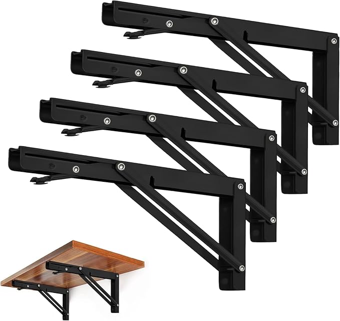 Storystore Folding Shelf Brackets - 10 Inch Heavy Duty Metal Collapsible Shelf Bracket for Bench Table, Shelf Hinge Wall Mounted Space Saving DIY Bracket, Max Load: 150 lb (4 PCS, Black)