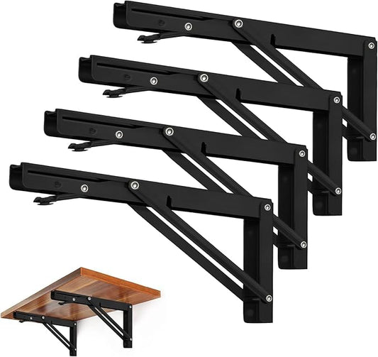 Storystore Folding Shelf Brackets - 10 Inch Heavy Duty Metal Collapsible Shelf Bracket for Bench Table, Shelf Hinge Wall Mounted Space Saving DIY Bracket, Max Load: 150 lb (4 PCS, Black)