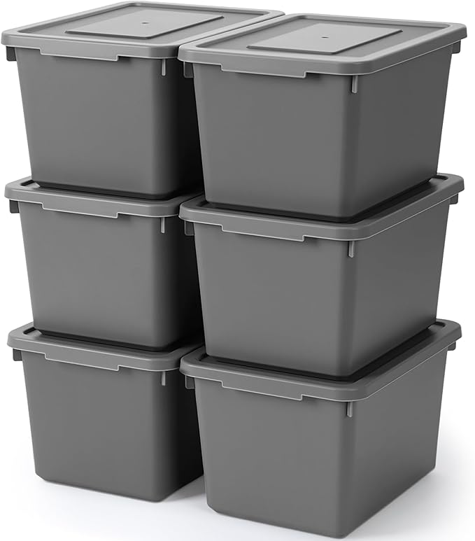 6 Pcs Pack Cute Plastic Storage Bins with Lids Decorative Stackable Storage Boxes 9.8" ×7.3" ×5.7" Small Storing Totes for Organizing Craft Office Supplies (Grey)