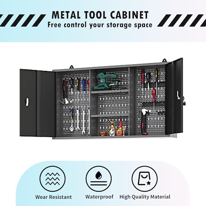 JZD Metal Wall Storage Cabinet with 22 Tool Hooks, for Garage Workshop Black & Grey