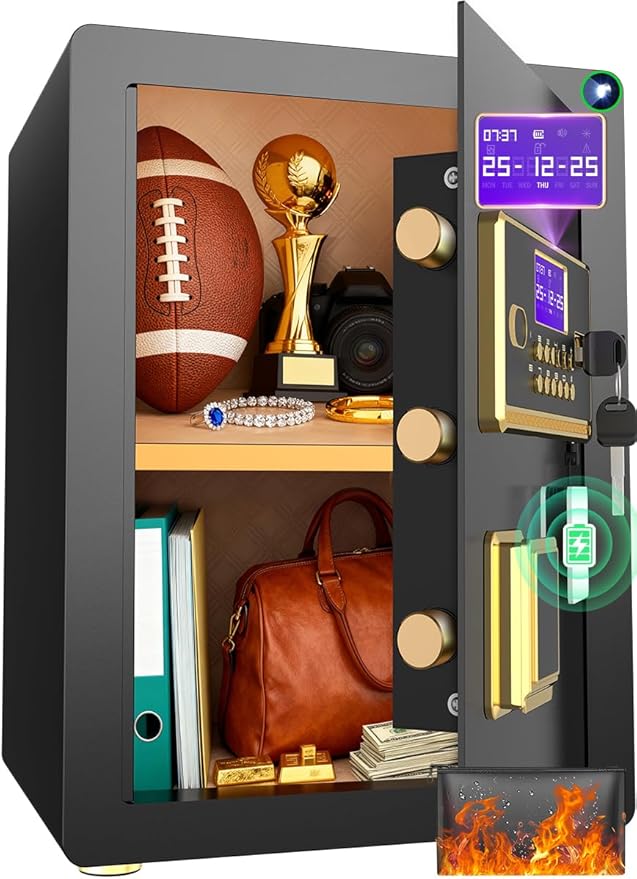 Anti-Theft Digital Safe Box with Fireproof Waterproof Bag, LED Light & Alarm System - Security Safe with Adjustable Shelf for Jewelry, Cash - for Home, Office, Hotel(0.8/1.0/1.3/1.53/2.5Cuft)