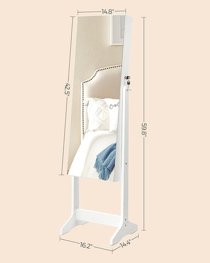 SONGMICS Jewelry Cabinet Armoire, Freestanding Lockable Storage Organizer Unit with 2 Plastic Cosmetic Storage, Full-Length Frameless Mirror, for Necklace Earring, White UJJC002W01